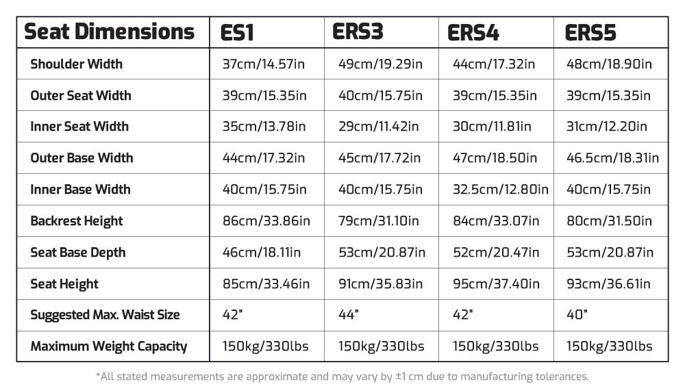 Seats Dimensions Seats Size Chart